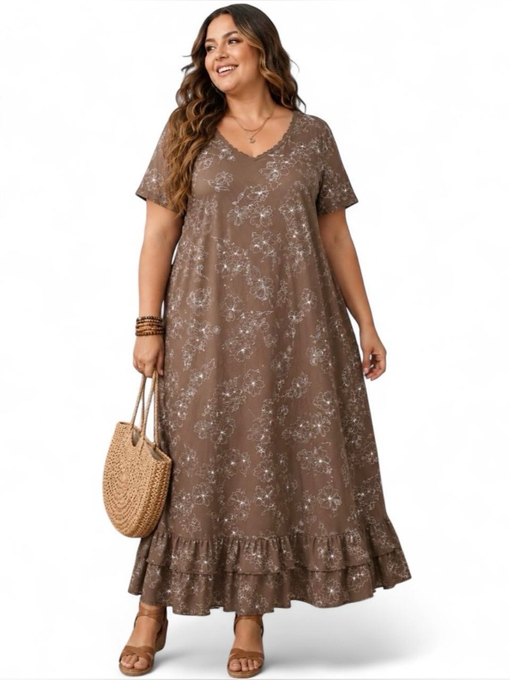 Fresh Produce Maxi Dress Women 3X Brown Ruffled Floral 100% Cotton Boho Festival
